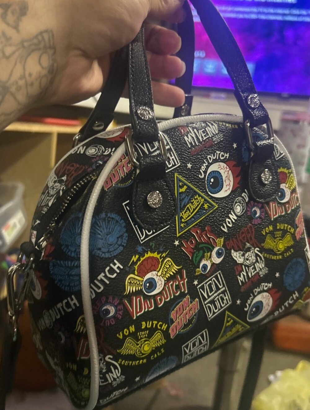 Von Dutch Black Multi-Logo Dome Satchel with Colorful Print